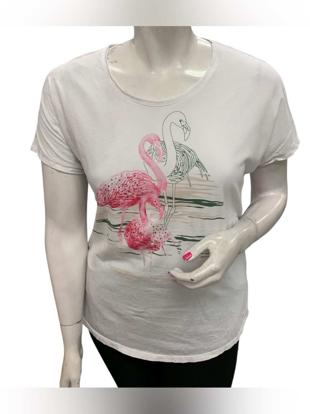 Olsen White Flamingo Print Tee - Short Sleeve Casual Top Size 2X